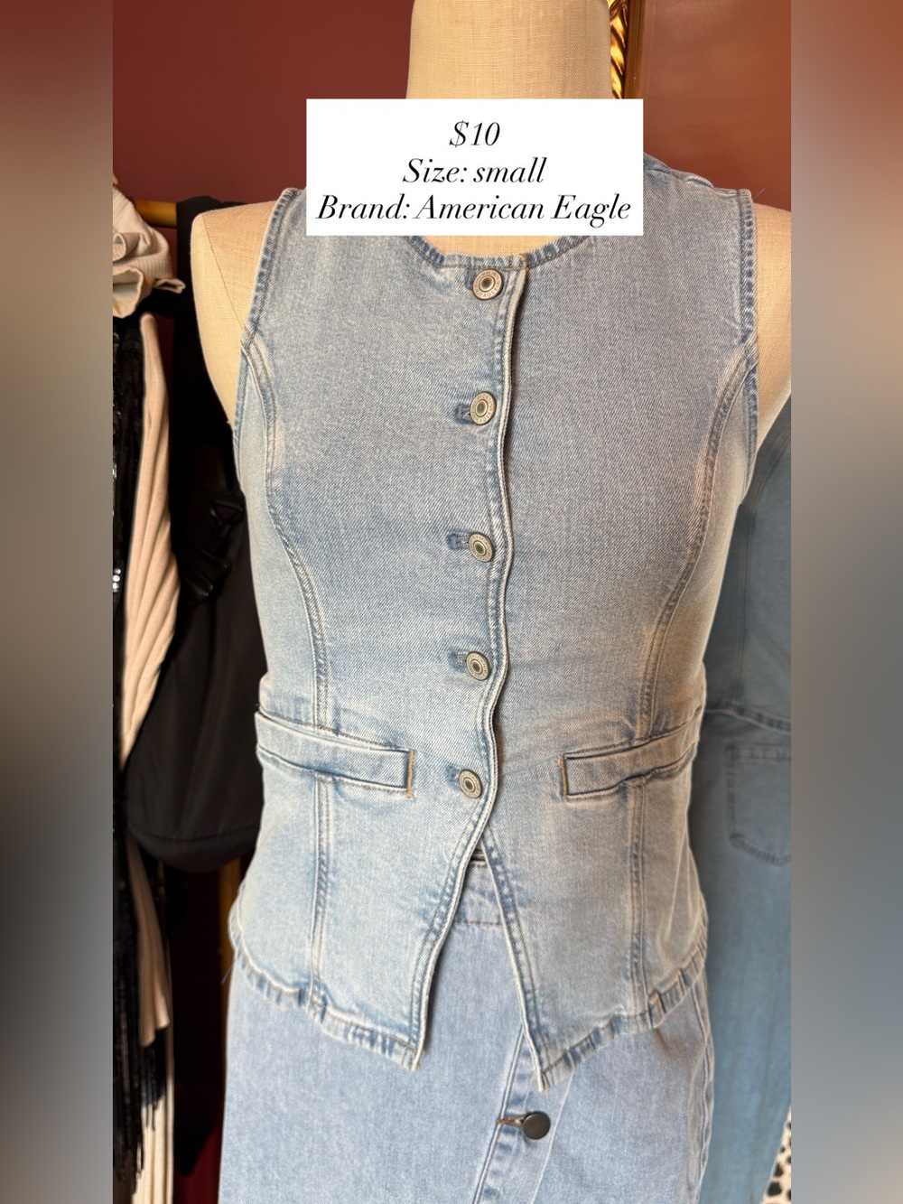 American Eagle Light Blue Denim Button Vest